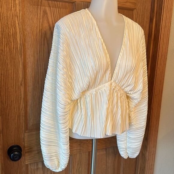 LULUS Radiant Flirt Ivory Satin Plisse Long Sleeve Top - Picture 6 of 12